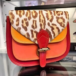 Vibrant Red and Orange Crossbody Bag with Leopard Print Flap new without tags